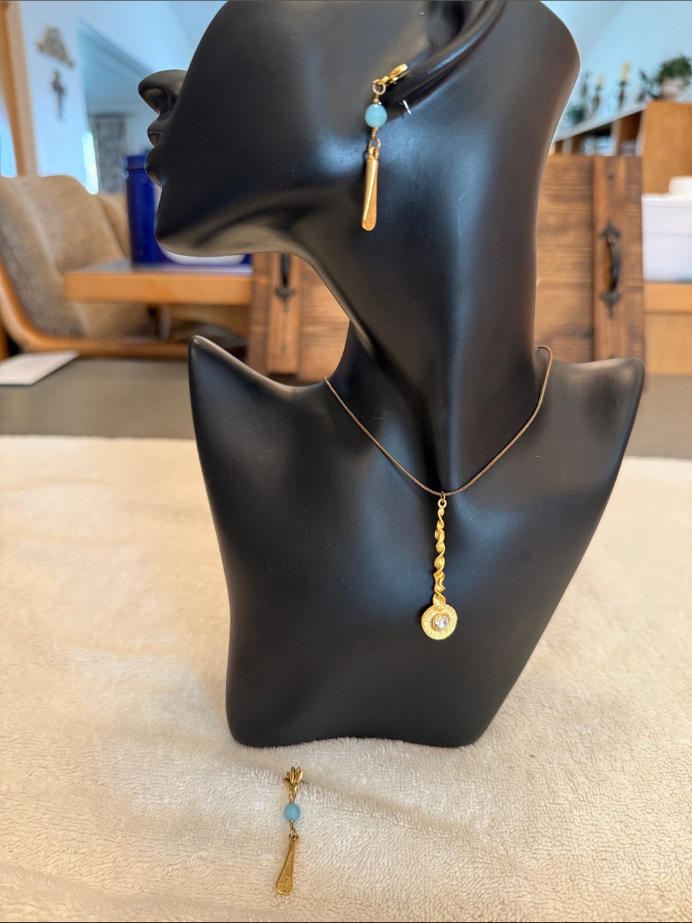 Handcrafted Gold Drop Necklace & Coordinating Earrings with Crystal & Aqua Beads